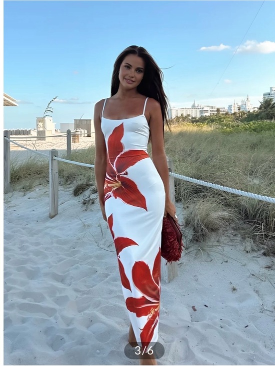 Commense Dresses & Skirts - Commense White Maxi Dress with Red Floral Design
